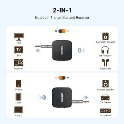 Wireless Bluetooth transmitter and receiver for audio devices, compatible with headphones, speakers, and smart TVs, ideal for seamless wireless connectivity in home entertainment systems.