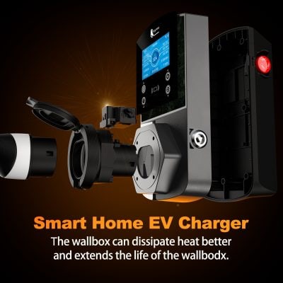 Efficient smart home EV charger with digital display, designed to optimize heat dissipation and extend wallbox lifespan for eco-friendly electric vehicle charging.