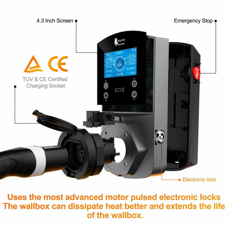 High-tech electric vehicle charging station with a display screen, TUV & CE certified charging socket, and built-in emergency stop for safe and efficient EV charging solutions.