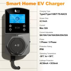Smart Home EV Charger for efficient electric vehicle charging, featuring Type 2/Type 1, 32A max current, 4.3-inch screen, IP66 weatherproof rating, and versatile charging modes for safe, reliable EV charging solutions.