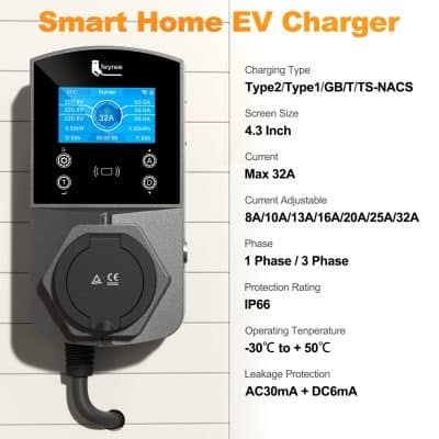 Smart Home EV Charger for efficient electric vehicle charging, featuring Type 2/Type 1, 32A max current, 4.3-inch screen, IP66 weatherproof rating, and versatile charging modes for safe, reliable EV charging solutions.