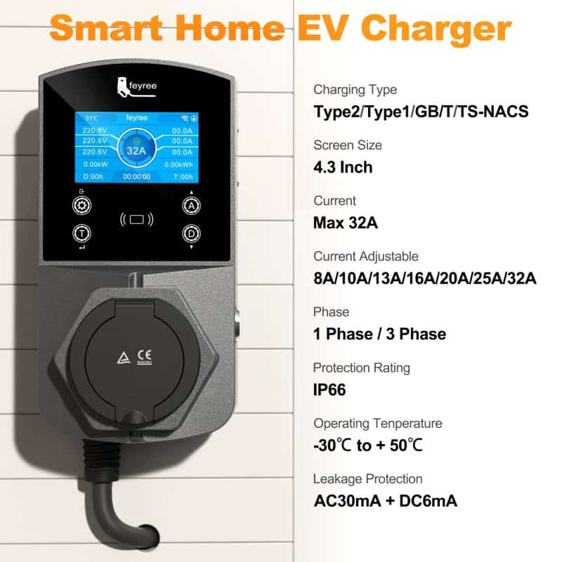 Smart Home EV Charger for efficient electric vehicle charging, featuring Type 2/Type 1, 32A max current, 4.3-inch screen, IP66 weatherproof rating, and versatile charging modes for safe, reliable EV charging solutions.