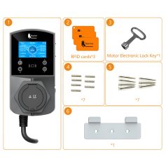 RFID access control device with power controller, motor electronic lock key, RFID cards, and installation accessories for secure entry management.