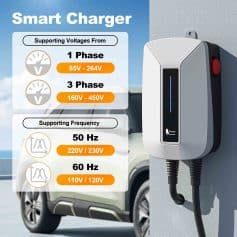 High-performance electric vehicle smart charger for eco-friendly car charging stations. Supports 1-phase and 3-phase voltage, with 50Hz and 60Hz frequency options, suitable for modern EV charging needs.