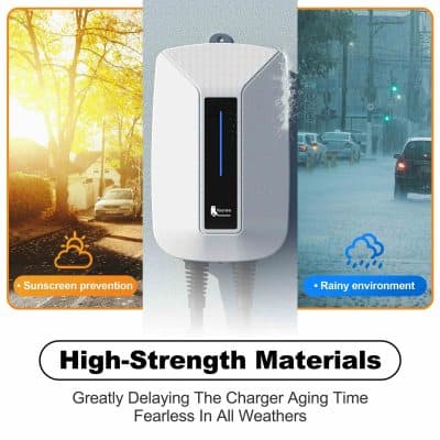 A versatile electric vehicle charger suitable for various weather conditions, featuring high-strength materials to prevent aging, ideal for outdoor use in sun and rain.