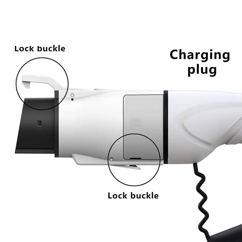 Charging plug and lock buckle components of a modern electric device, possibly for medical or optical use, showcasing key parts for safe and secure operation.