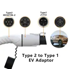 Type 2 to Type 1 EV charger adapter for electric vehicles, compatible with various charging ports including Type 2 IEC62196-2 and Type 1 J1772, ideal for convenient EV charging in urban and home settings.