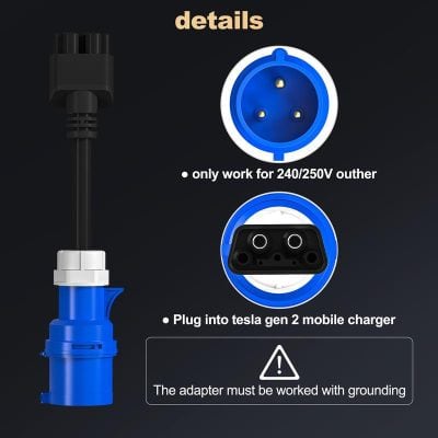 High-quality blue electric vehicle (EV) charging connector adapter for Tesla Model 2, compatible with 240/250V outlets, with grounding requirement for safe, efficient charging.