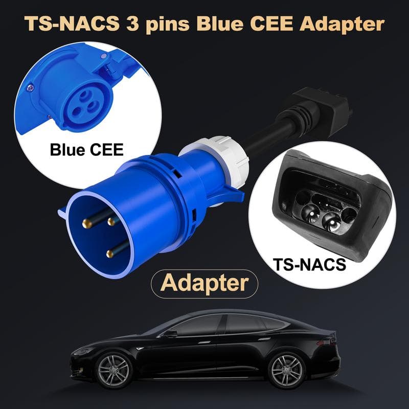 Blue cee adapter for electric vehicle charging, 3 pins black and blue cable connector, compatible with TS-NACS and Blue CEE sockets, essential EV charging station accessory, Monalisa Store.