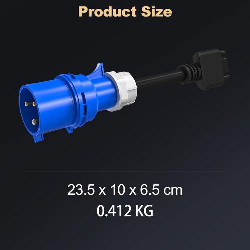 Industrial power plug with blue and black design, portable electrical connector for medical equipment, 23.5 x 10 x 6.5 cm, 0.412 kg.