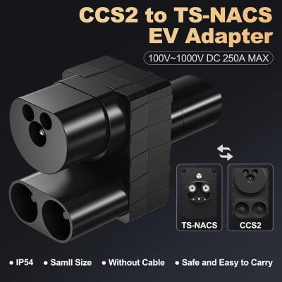 High-quality CCS2 to TS-NACS EV adapter for reliable electric vehicle charging, IP54 waterproof, compact design, cable-free, portable, safe, and easy to use.