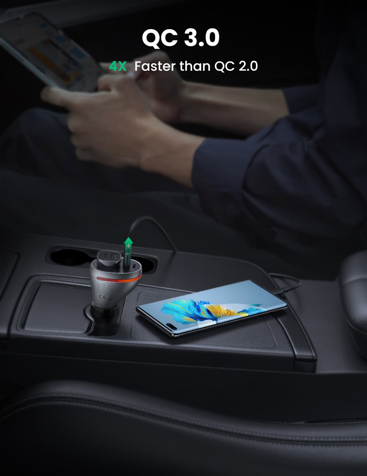 QC 3.0 fast charging port and modern smartphone on car dashboard, emphasizing quick device power-up technology.