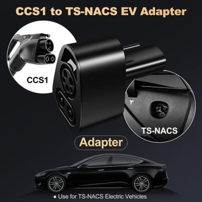 CCS1 to TS-NACS electric vehicle charger adapter, compatible with Tesla EVs, compact design for fast charging, suitable for home and public charging stations.