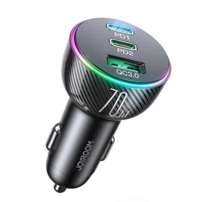 High-speed car charger with multiple USB ports, LED indicator, and fast charging capability for smartphones, tablets, and devices. Perfect for on-the-go power needs.