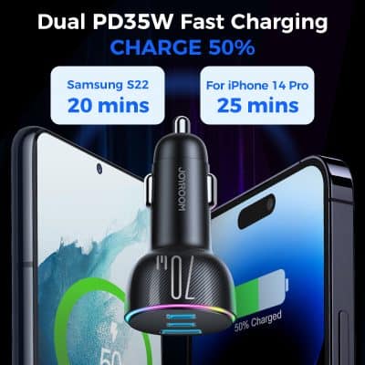 Dual PD35W fast charging car charger with LED display and multiple USB ports for quick device charging, compatible with smartphones like Samsung S22 and iPhone 14 Pro.