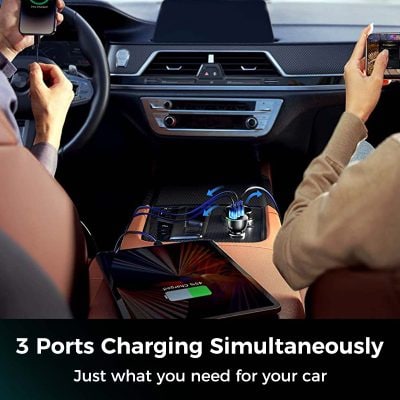 Fast car charger with three ports charging multiple devices at once, ideal for car electronics and smartphones.