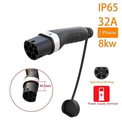 High-quality EV charger cable with Type 2 IEC 62196-2 plug, 32A, 1 Phase, 8kW power output, IP65 water and dust resistance, suitable for electric vehicle charging stations and home charging solutions.