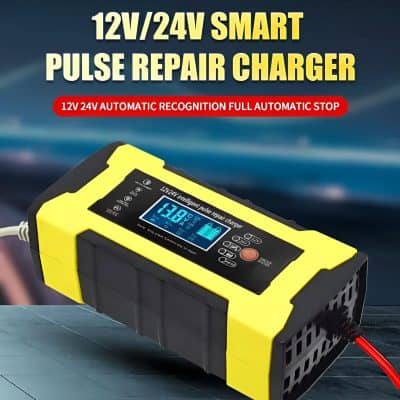 12V/24V smart pulse repair charger for batteries, featuring automatic recognition and full automatic stop function, ideal for auto and marine battery maintenance and repair.