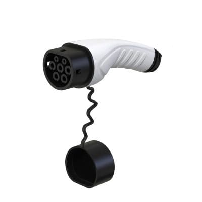 Electric vehicle charging connector with twist lock and protective cap, modern EV charging station accessory, suitable for fast charging solutions.