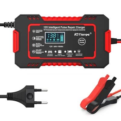 12V intelligent pulse repair charger for vehicle batteries, featuring LCD display, multiple safety protections, and compatibility with cars, motorcycles, and electric vehicles.