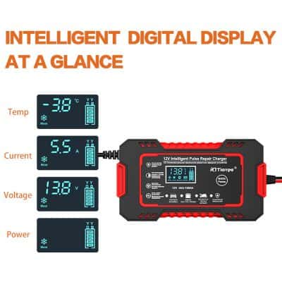 High-tech digital display of a vehicle battery charger showing temperature, current, voltage, and power readings for automotive maintenance and repair.