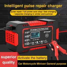 12V intelligent pulse repair charger for car and motorcycle batteries, fast charging, auto stop, suitable for winter and summer, with LCD display and multiple protection features, ideal for vehicle battery maintenance.