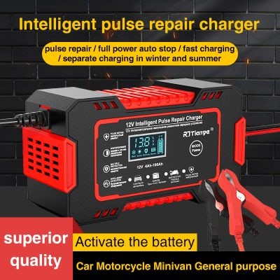 12V intelligent pulse repair charger for car and motorcycle batteries, fast charging, auto stop, suitable for winter and summer, with LCD display and multiple protection features, ideal for vehicle battery maintenance.