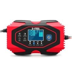 E-bike battery charger with digital display, multiple protection features, and intelligent detection for efficient power management. Compatible with lithium, lead, and LiFePO4 batteries.