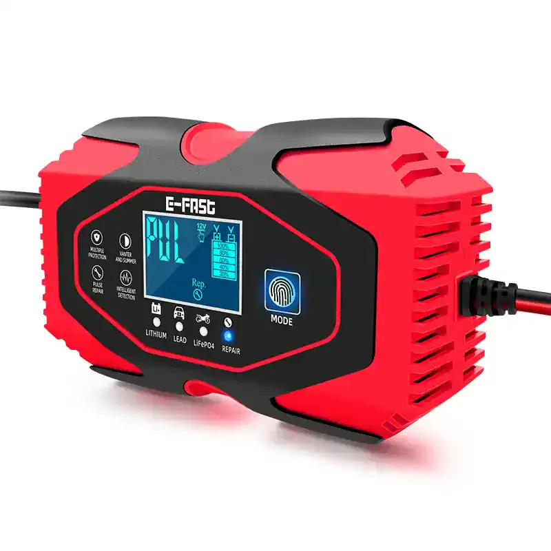 High-performance automotive battery charger with digital display, multiple protection features, and intelligent detection for LED, lithium, and lead-acid batteries.