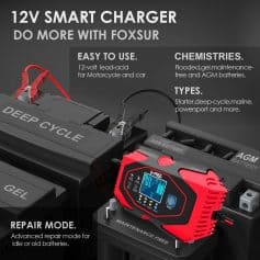 12V smart charger for motorcycle and car batteries, compatible with AGM, flooded gel, and maintenance-free batteries, featuring repair mode for old or idle batteries.