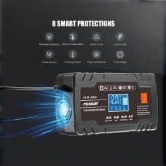 High-quality battery charger with smart protections including reverse, short circuit, overcurrent, overvoltage, and cooling system, suited for automotive, motorcycle, and truck batteries.