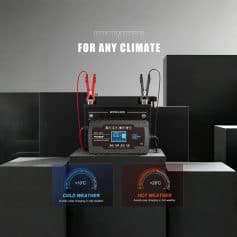 High-quality car battery charger with temperature control and automatic protection for safe charging in all weather conditions. Suitable for automotive, marine, and recreational vehicles.