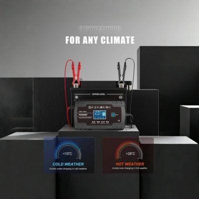 High-quality car battery charger with temperature control and automatic protection for safe charging in all weather conditions. Suitable for automotive, marine, and recreational vehicles.