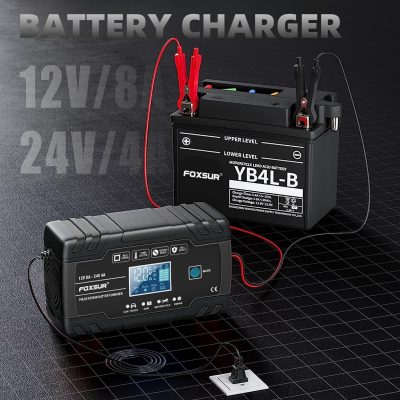 12V motorcycle battery with charger and portable jump starter, perfect for automotive and motorcycle maintenance and emergency power supply.