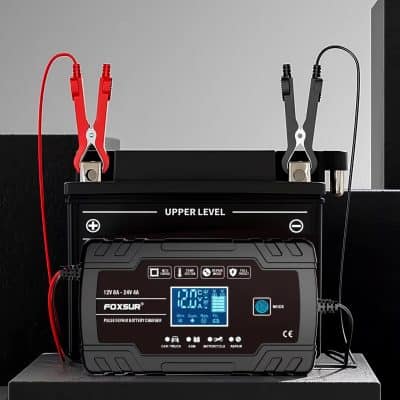 Deep cycle battery pulse repair charger with digital display, used for vehicle battery maintenance and repair, featuring adjustable charging levels for optimal battery performance.