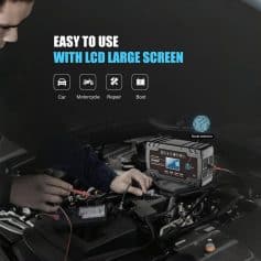 High-performance car battery charger with LCD display for easy use, suitable for car, motorcycle, repair, and boot applications. Features mode selection and user-friendly interface.