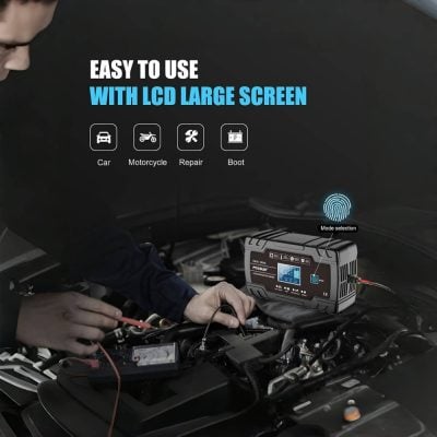 High-performance car battery charger with LCD display for easy use, suitable for car, motorcycle, repair, and boot applications. Features mode selection and user-friendly interface.