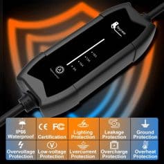 - High-quality portable electric vehicle charger with adjustable current for flexible charging options.