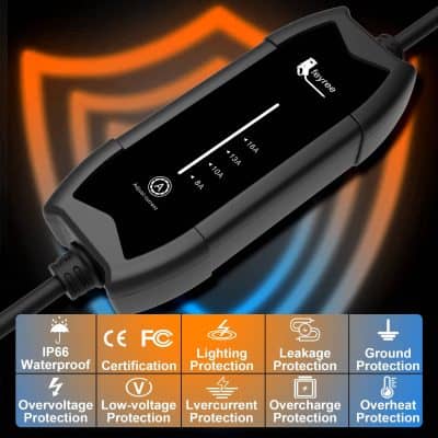 - High-quality portable electric vehicle charger with adjustable current for flexible charging options.