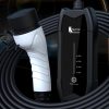 High-speed electric vehicle charger with white and black design, featuring adjustable current settings and the Feyree logo, suitable for car charging stations and eco-friendly transportation needs.