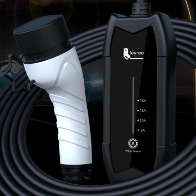 High-speed electric vehicle charger with white and black design, featuring adjustable current settings and the Feyree logo, suitable for car charging stations and eco-friendly transportation needs.
