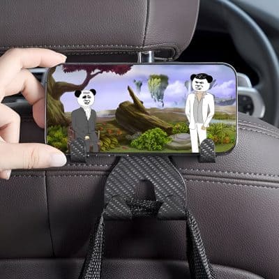 Aesthetic tablet holder mounted on a car seat with a digital animated scene featuring cartoon characters in a landscape.