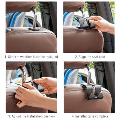 Adjustable car headrest hooks for convenient and secure attachment to car seat headrests, perfect for hanging bags, groceries, and accessories, enhancing vehicle organization and safety.