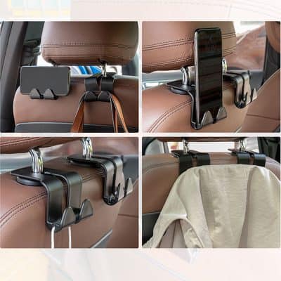 Mobile phone holder and tissue box organizer on car seat headrest, adjustable hooks for convenience, perfect for travel accessories storage, enhancing car interior functionality.