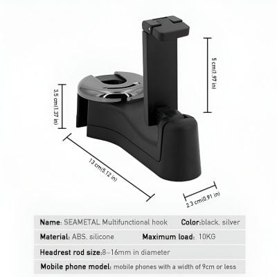 Flexible multifunctional phone and accessories holder for salons, gyms, and home use, featuring adjustable headrest and sturdy ABS silicone construction.