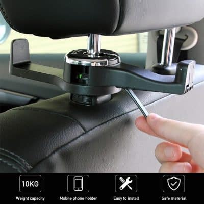 Secure vehicle headrest phone holder, easy to install, made from safe material, supports up to 10kg weight, compatible with mobile phones, ideal for car travel accessories.