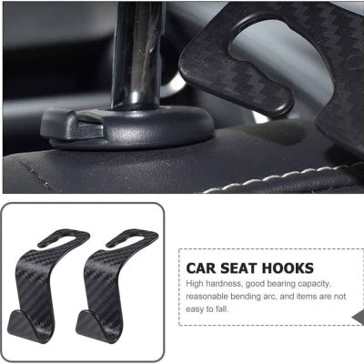Car seat hooks, durable black carbon fiber design, essential for organizing car interiors, preventing items from falling, and improving safety during travel, perfect for vehicles and car accessories.
