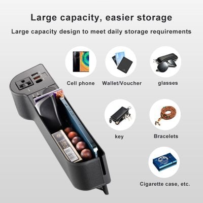 Cell phone, wallet, glasses, keys, bracelets, and cigarette case stored in a large capacity storage organizer for convenient daily use.