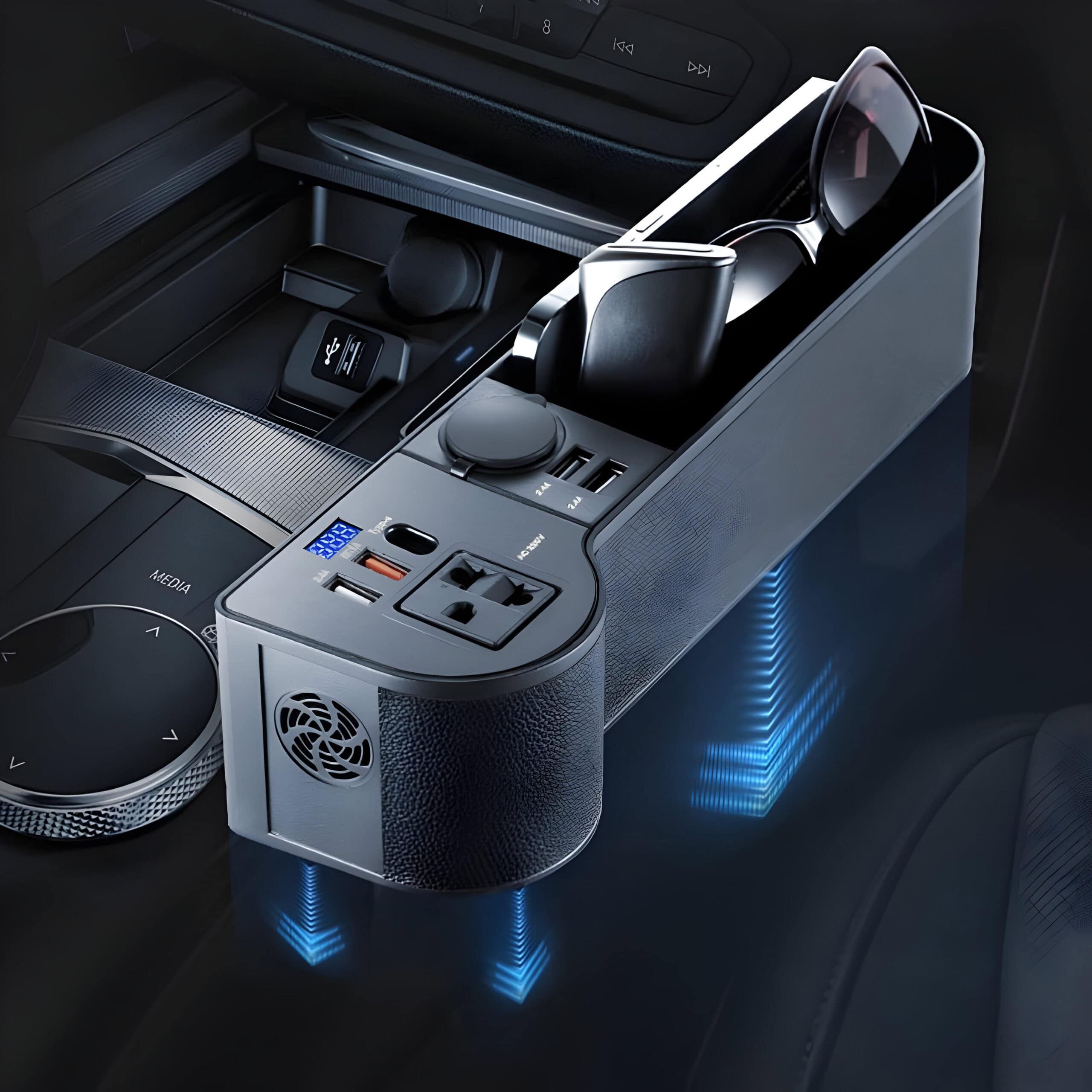 Cordless wireless charging station with sunglasses, dual USB ports, and electronic accessories for car interior comfort and tech convenience.