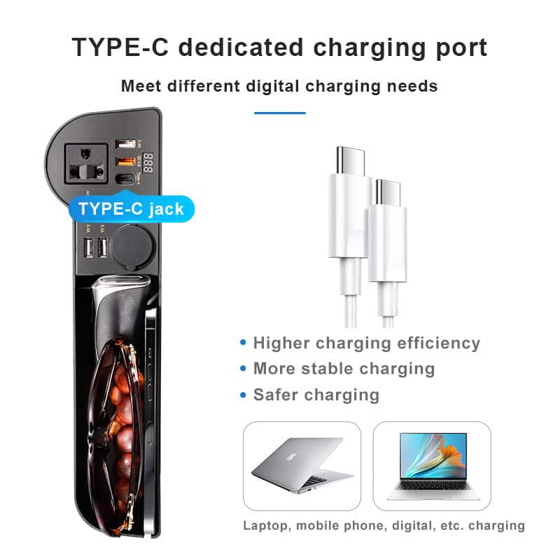 USB-C charging port power strip with multiple outlets and USB ports for efficient electronic device charging.